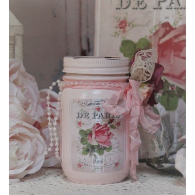 ~ Shabby Chic ~ Painted Decor Decoupage Mason Jar/French Label "De Paris" ~   283076446232